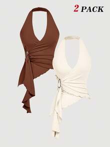 SHEIN MOD 2 chiếc áo hai dây cổ buộc dây khóa kim loại dáng ôm, vạt bất đối xứng - Cà phê nâu - Xem 1