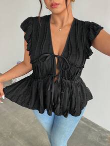 Firerie Plus Size Women's Solid Color Knotted Ruched Casual Elegant Versatile Daily Wear Shirt Date Night Black Summer - Black - View 3