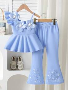Elladie kids Young Girls 3D Floral Pearl Decor Asymmetric Hem Top + Flare Pants 2pcs Set, Suitable For Birthday, Vacation, Party, Spring/Summer - Blue - View 8