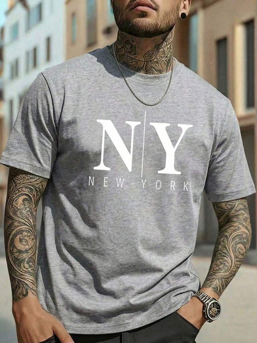 Velminro 男士休闲字母印花圆领短袖家居服上衣，夏季 - 灰色 - 查看 1