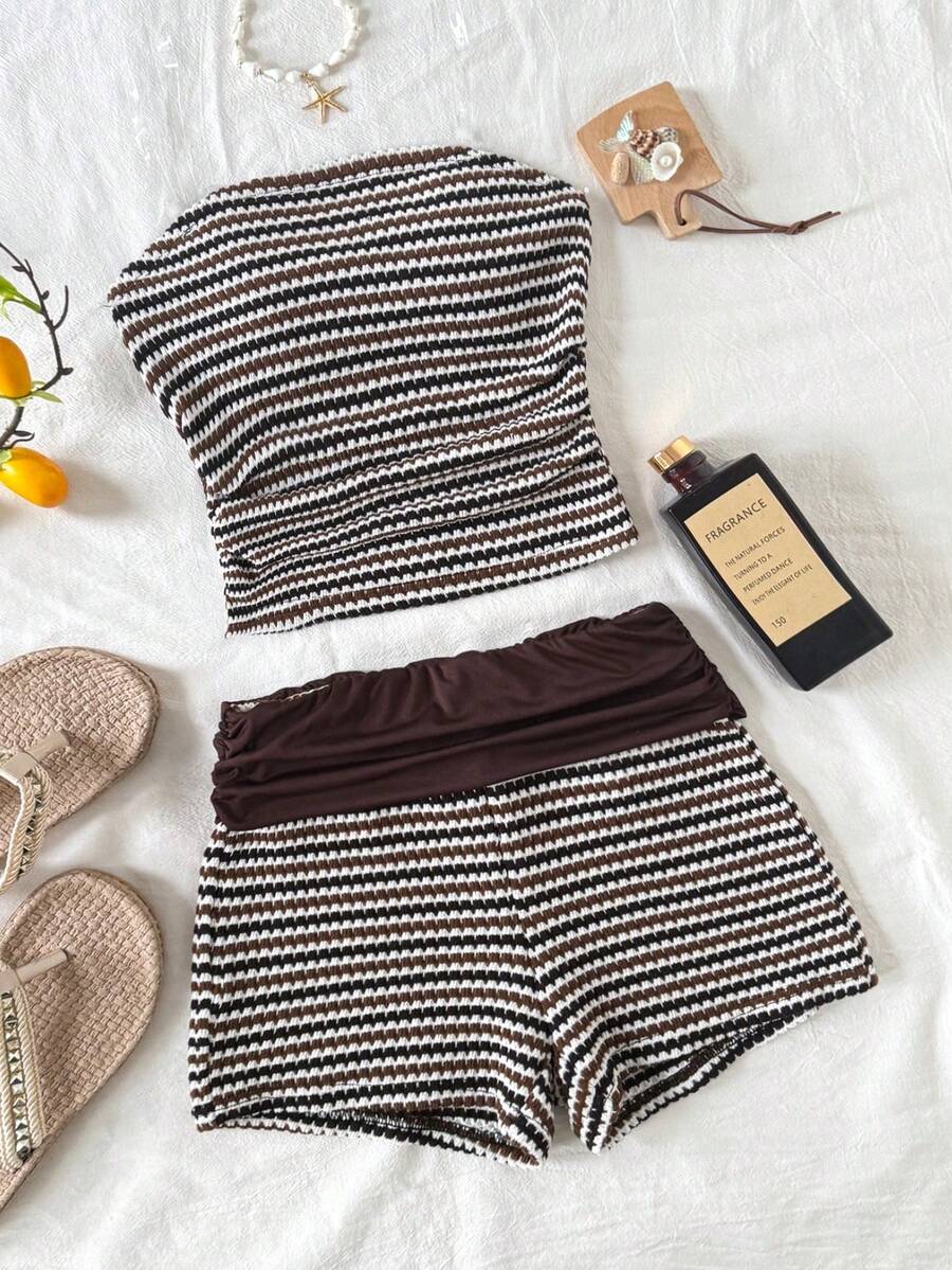 SHEIN Tween Girls' Casual Comfortable Striped Top & Contrast Color Shorts Set Two Piece Summer Set Casual Two Piece Set Striped Two Piece Set Two Piece Shorts Set Cute Two Piece Sets - Black and White - View 1