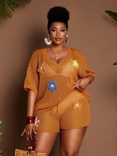 Maweii Two Pieces Set, Orange Cutout Women's Suit For Beach Vacation, Short-Sleeved Deep V-Neck, Loose And Casual, Mini Slim-Fit Shorts, Sexy