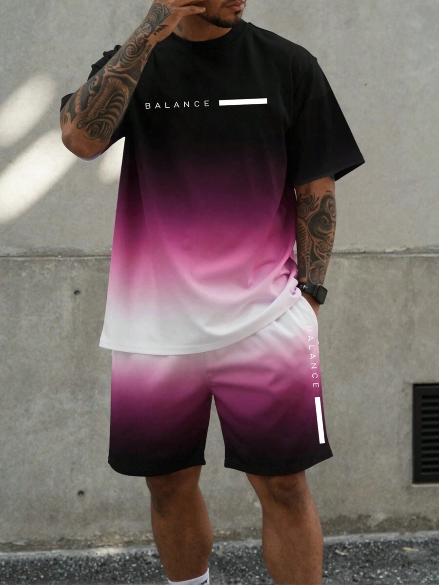 Manfinity Homme 男士休闲渐变字母印花圆领短袖T恤和短裤两件套,夏季 - 彩色 - 查看 1