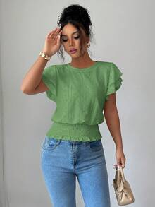 Selianne Camiseta de mujer de manga con volantes y cuello redondo, estilo casual de verano y jacquard - Verde - Ver 4