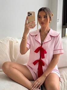 Aloruh Conjunto feminino de férias de duas peças: blusa de manga curta com amarração frontal e shorts, primavera/verão. - Caqui - Ver 5