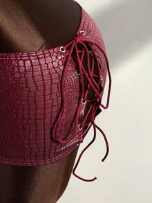 Zestiva Women's Faux Crocodile Texture Side Eyelet Lace-Up Bodycon Skirt - Red - View 4