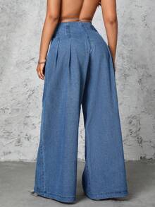 Selenza Quần jeans ống rộng cạp cao dáng rộng, chất liệu wash, cỡ lớn, kiểu dáng thường ngày. - Màu xanh lam - Xem 2