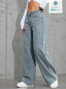SHEIN Tall Women's Fashion Casual Daily Versatile Wide Leg Straight Mid-Rise Jeans - Light Wash - View 6