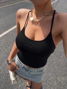 DAZY Backless Tie-Back Casual Vacation Summer Tank Top For Women - Black - View 3