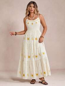 Freevana 波西米亚风奶油黄吊带连衣裙，金色花卉刺绣腰部A字长裙，复古度假宽松显瘦连衣裙，夏季 - 米色 - 查看 4