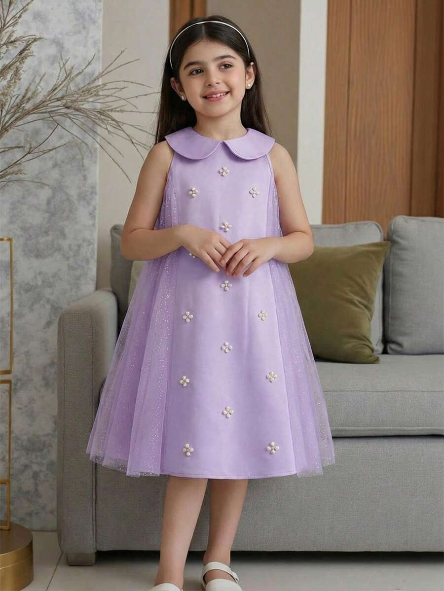 SHEIN Vestido casual de unicolor con cuello Peter Pan y patchwork de malla para niña joven, vestido de fiesta y cóctel para niñas jóvenes, vestidos elegantes, color lavanda para niñas - Púrpura malva - Ver 1
