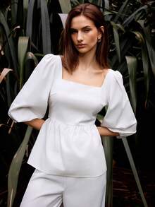 Maija Blusa de mujer con tirantes de lazo y mangas con pétalos sin espalda - Blanco - Ver 3