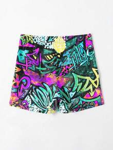 Children's Fashion And Cool Colorful Graffiti Beach Pants, Summer New Quick Drying Casual Shorts, High Street Printed Design, Skin Friendly, Breathable And Sweat Free For Boys And Girls, Beach Vacation, Beach Swimming Pool, Water Park, Fashionable Dressing, Personalized And  Fashion Must-Have Graphic Shorts Rave Shorts Custom Shorts Surf Shorts Sport Shorts - Multicolor - View 2
