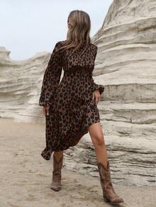 Revavyn French Elegant Ruched Front Design Fashion Leopard Print Long Sleeve Dress With Belt Vacation Outfits Woman Cheetah Print  Fall Cloth For Women - Brown - View 4