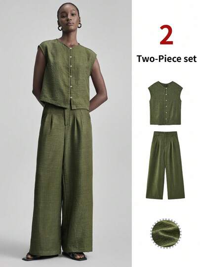 Ontre 2026春夏新款女士两件套，军绿色，V领无袖上衣搭配宽松长裤，舒适梭织面料，现代都市时尚商务休闲办公装