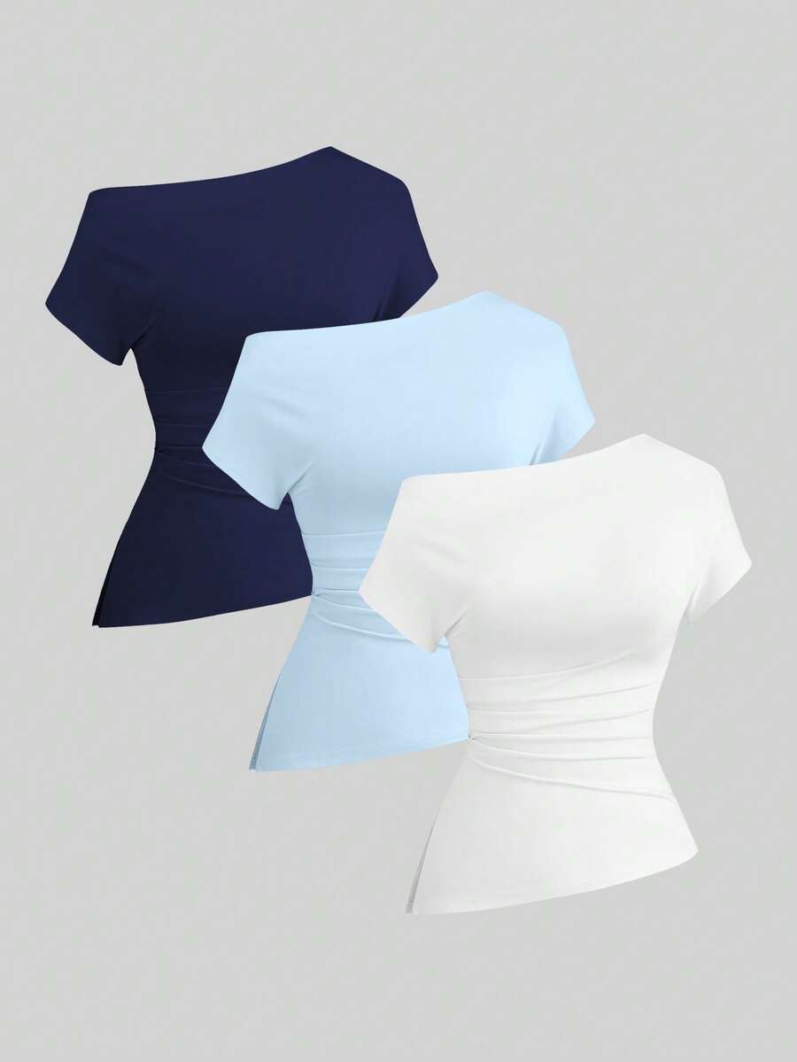 Sweetra Camiseta de manga corta casual y cómoda con cuello asimétrico de unicolor para mujer - Multicolor - Ver 1