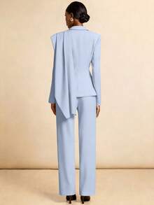 Vesra French Atmosphere Plunging Neckline Design Brown Suit Jacket & Pants Classy Set - Blue - View 2