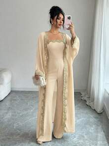 SHEIN Raffinéa 女士时尚雪纺开衫，金色花卉饰边，搭配优雅连体裤，两件套 - 杏色 - 查看 6