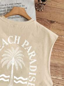 Manfinity Joysei Men's Round Neck Letter & Palm Tree Print Casual Versatile Daily Wear Top - Khaki - View 3