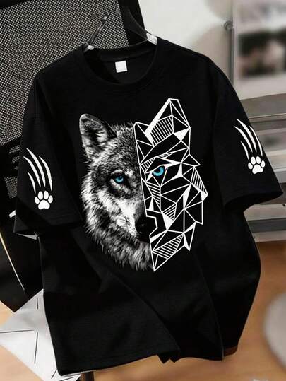 Boys' Short Sleeve T-Shirt With Half Realistic Half Geometric Wolf Head Print, Soft & Comfortable Summer Top