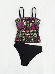 Swim Lushoire 女士优雅吊带比基尼上衣，印花图案，波西米亚风格，适合夏季海滩度假 - 黑色 - 查看 6