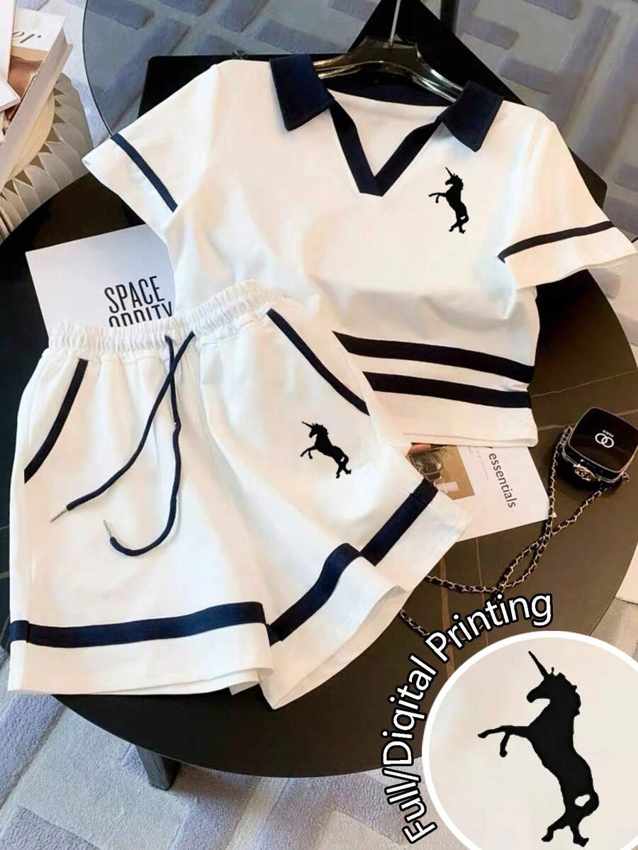 Franclia Conjunto de top de manga raglán con cuello polo + pantalones cortos casuales - Blanco - Ver 1