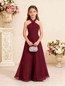 Pitira Tween Girls Elegant Halter Dress, Flower Girl Wedding Party Gown - Burgundy - View 1
