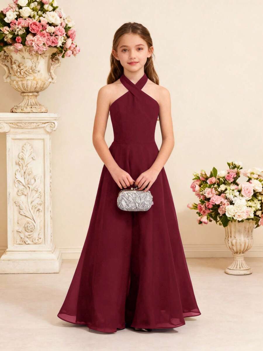Pitira Tween Girls Elegant Halter Dress, Flower Girl Wedding Party Gown - Burgundy - View 1