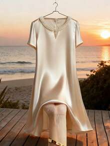 Franclia 新款法式圆领中长连衣裙，饰以闪亮珍珠，修身显瘦，香槟色，优雅女士连衣裙，适合春、夏、秋季日常通勤，时尚百搭，也适合约会、聚会、旅行和度假。 - 香檳色 - 查看 1