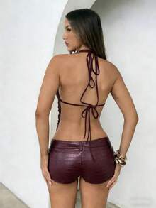 Zyxie Women's Sexy Backless Sequin Tie-Front Halter Top, Suitable For Nightclub Party - Purple - View 4