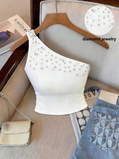 GlowEve 女士水钻装饰不对称肩部时尚百搭衬衫，适合约会和派对