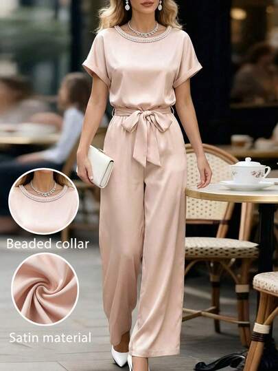 Editum Mono de satén de unicolor con cuentas y cintura ceñida elegante para mujer, adecuado para uso diario, bodas, fiestas y múltiples ocasiones