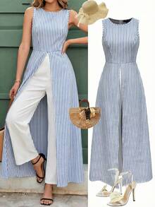 Ellevyn 女士优雅度假条纹蓝白圆领棉麻上衣搭配白色针织弹力裤连体裤，适合度假、通勤、外出、约会、办公等多种场合穿着。 - 彩色 - 查看 1