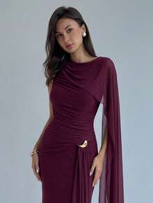 Aloruh Đầm dự tiệc dài màu trơn dành cho nữ, cổ tròn, đính kim loại, thắt eo thanh lịch. - Màu tím - Xem 8