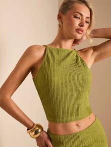 SHEIN BAE Women's Green Cropped Camisole And Mini Skirt Elegant 2 Pieces Set, Spring/Summer - Green - View 6