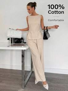 Siren Gaze 女士纯色简约无袖上衣和裤子两件套，休闲日常穿着 - 杏色 - 查看 2