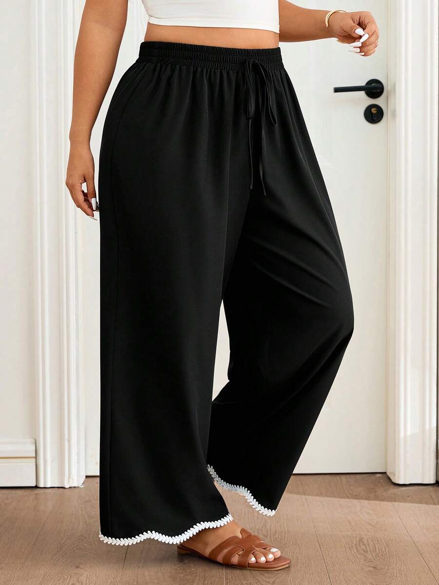 SHEIN Frenchy Plus Size Women Contrast Color Casual Versatile Wide Leg Pants For Daily Wear Brown Pants For Women Gym Summer - Black - View 1