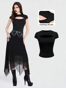 Breakform Áo croptop nữ kiểu Gothic cổ tròn khoét rỗng phía trước, vai và hai bên, chất liệu dệt kim, trang trí bằng khoen kim loại và khóa cài hình chữ D, tay ngắn, ôm sát. - màu đen - Xem 6