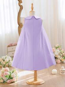 SHEIN Vestido casual de unicolor con cuello Peter Pan y patchwork de malla para niña joven, vestido de fiesta y cóctel para niñas jóvenes, vestidos elegantes, color lavanda para niñas - Púrpura malva - Ver 7