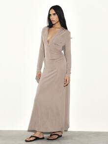 KSTM Women's Long Sleeve Deep V-Neck Side Gathered Maxi Dress With Ruched Waist Detail For Evening And Occasions - Khaki - View 4