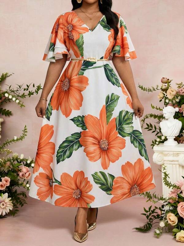 Fleurora 大码优雅印花连衣裙，夏季