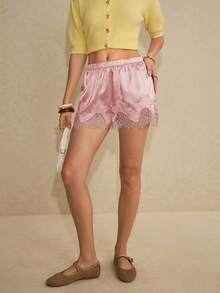 Poéselle Quần short nữ phối ren, màu trơn, cạp chun, có túi bên hông. - Hồng - Xem 5