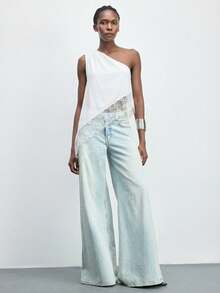 Maija 女士不对称领休闲上衣，无袖纯色褶皱不对称衬衫，适合春季、夏季、初秋穿着，也适合独立日、毕业季等场合。 - 白色 - 查看 3