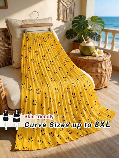 SHEIN CURVE+ Plus Size Summer Casual Smiling Face Print Pleated Skirt