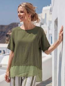 EMERY ROSE 女士圆领短袖休闲宽松衬衫 - 綠色 - 查看 4