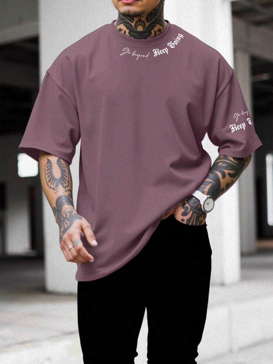 Manfinity Roughcore Men's Letter Print Round Neck Short Sleeve Casual T-Shirt - Purple - View 1