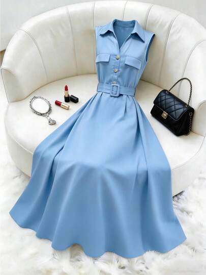 Franclia Women's Solid Color Button Elegant Waist Cinched Long Party Dress