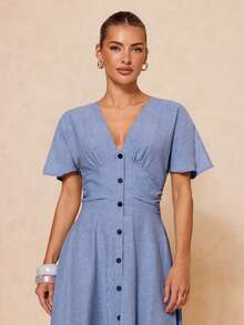 Lumalex 棉混纺V领宽松袖收腰连衣裙（女款） - 霧霾藍 - 查看 15