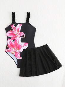 SHEIN 花卉印花 2 件式泳衣附網紗裙，粉色波希米亞風海灘度假夏季穿搭，青少年女孩連身泳衣附裙 - 黑色 - 查看 3
