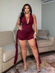 NU&NOW Women's Draped Neck Backless Sleeveless Top And Tight Shorts Set,Plus Size 2-Piece Burgundy Club Outfits,Summer 70's Party Rave Beach Romper - Burgundy - View 6